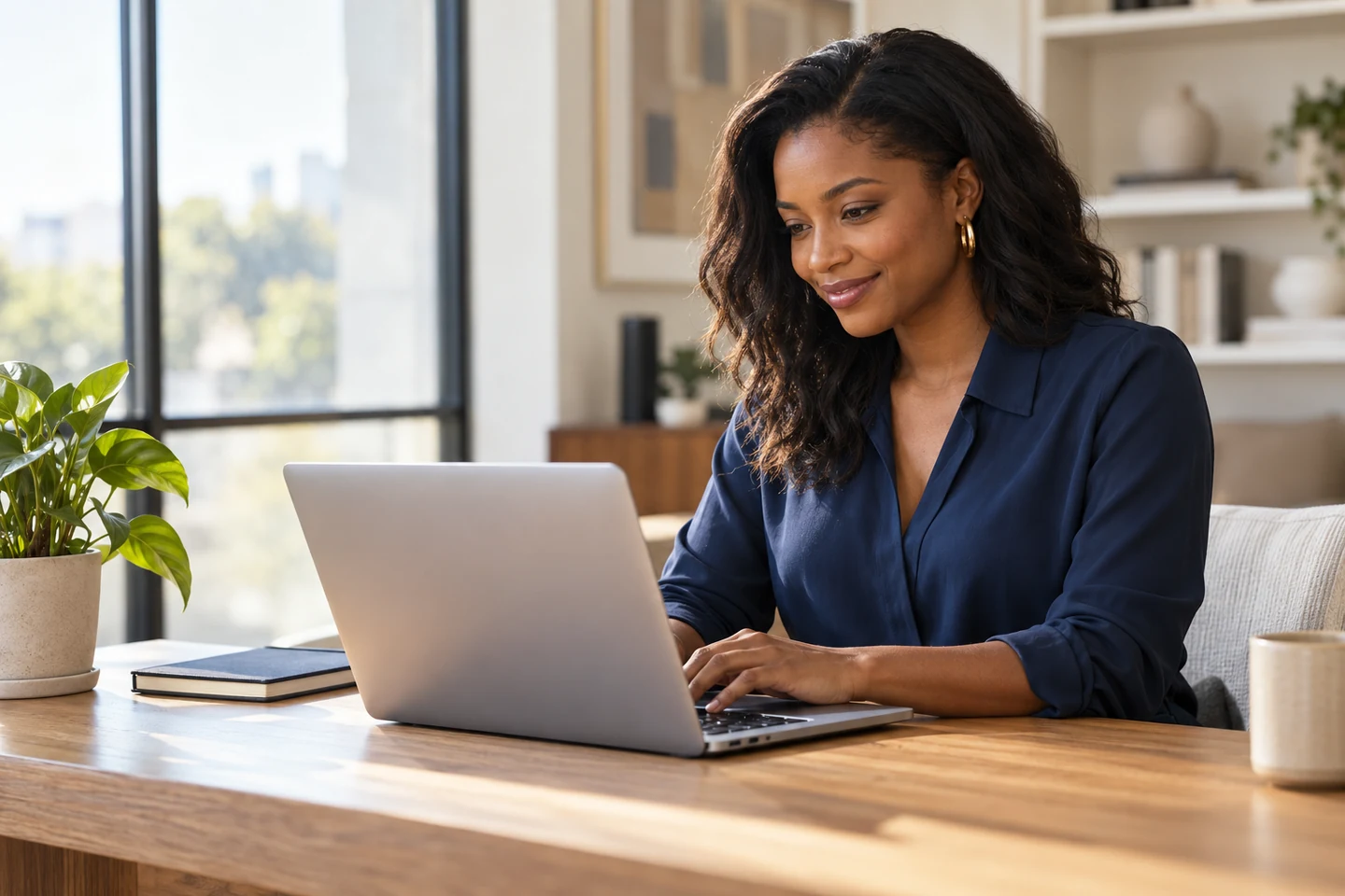 A small business owner working on a laptop in a bright, modern workspace.